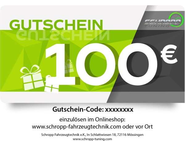 100 Euro Gutschein für den Einkauf im Shop oder vor Ort