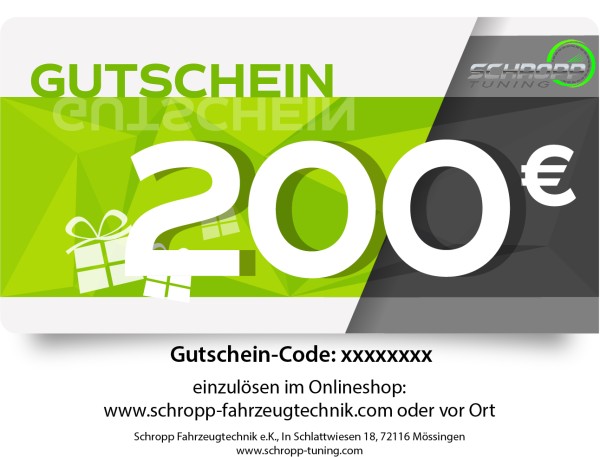 200 Euro Gutschein für den Einkauf im Shop oder vor Ort